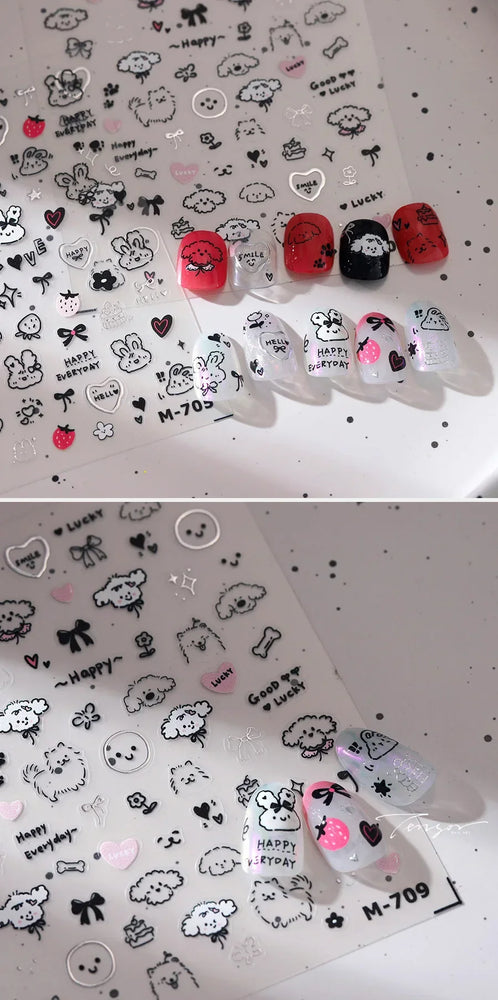 Dog Rabbit Line Bunny Footprint Bowknot Heart Cake Strawberry Flowers Bone Graffiti Adhesive Nail Art Stickers Manicure Decals (ONLINE ORDER ONLY)