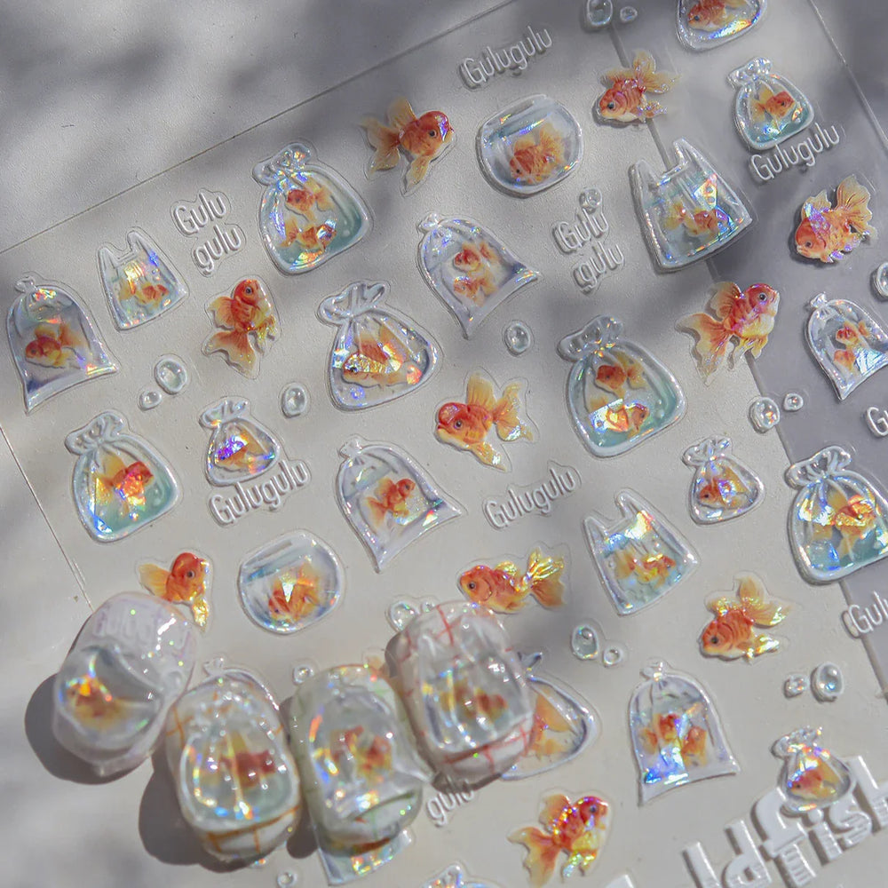 Sackful Starfish Goldfish Jellyfish Seahorse Bubbles Conch Ocean Whale Brocaded Carp Adhesive Nail Art Stickers Manicure Decals (ONLINE ORDER ONLY)