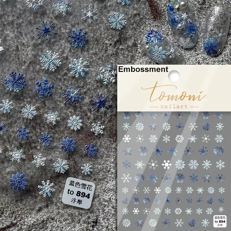 Shiny White Pink Blue Gold Snowflakes Hexagon Water Bubbles Winter 5D Self Adhesive Nail Art Stickers Rhinestone Manicure Decals (ONLINE ORDER ONLY)