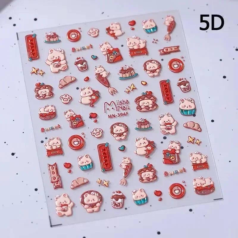 Bowknot Dog puppy Christmas Hat Strawberry Cake Food Coffee Cherry Love Heart Adhesive Nail Art Sticker Reliefs Manicure Decals (Online Order Only)