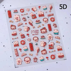 Bowknot Dog puppy Christmas Hat Strawberry Cake Food Coffee Cherry Love Heart Adhesive Nail Art Sticker Reliefs Manicure Decals (Online Order Only)