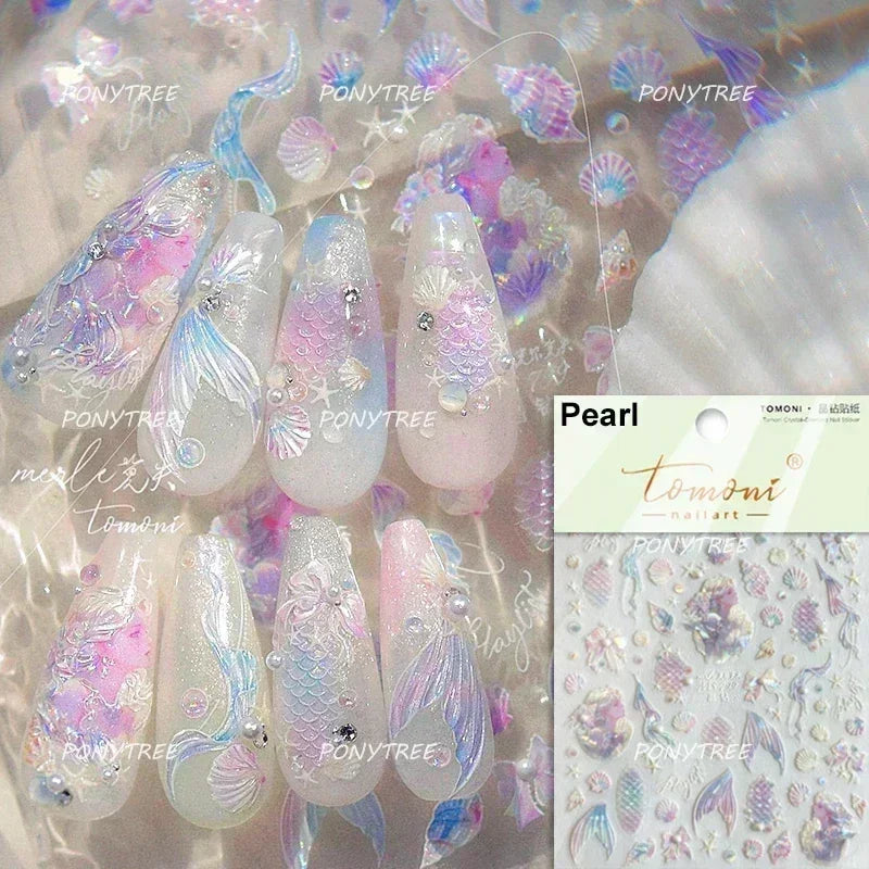 Hot Stamping Laser Shell Conch Starfish Pearl Whale Coral Dolphin Summer Beach Sea Wave Jellyfish Bubble Nail Art Stickers Decal (ONLINE ORDER ONLY)