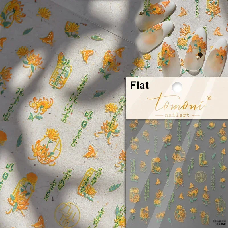Gradient Coloredful Flower Petal Green Leaf Dreamy Shiny Chinese Rose Fantasy Relief Adhesive Nail Art Stickers Manicure Decals (Online Order Only)
