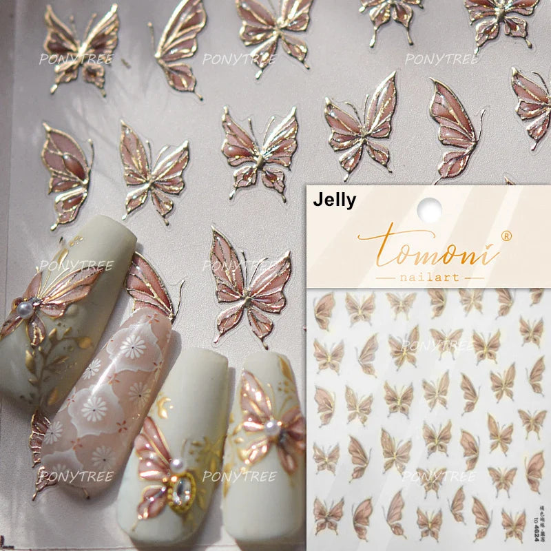 Flower Bowknot Butterfly Plant Leaf English Letter Rose Hand Drawn Embossed Relief Self Adhesive Nail Art Sticker Manicure Decal (ONLINE ORDER ONLY)