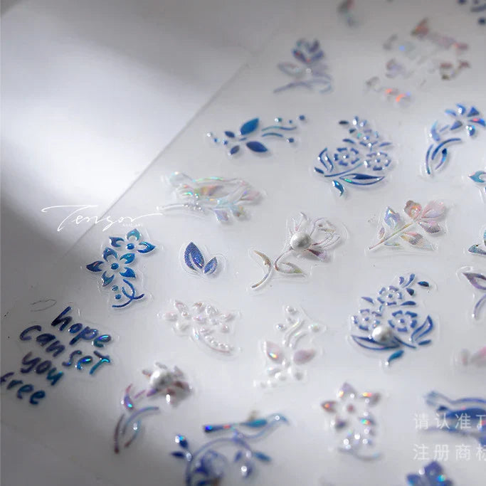 Blue Flower Vivid Bird Hope Can Set You Free Magpie Leaf Pearl Letter Adhesive Nail Art Sticker Aesthetic Beauty Manicure Decal (ONLINE ORDER ONLY)