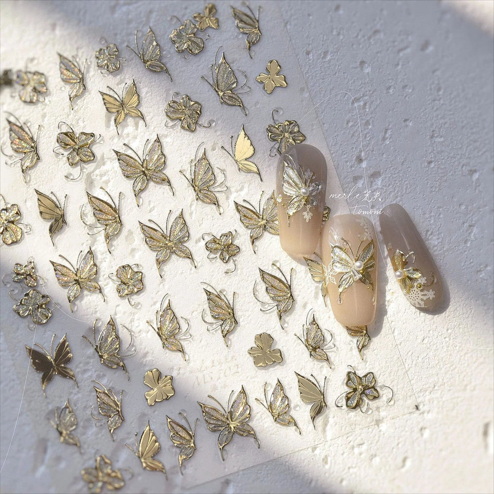 Charming Golden Gradient Shiny Rhinestone Jelly Butterfly Flower Petal Bowknot 3D Self Adhesive Nail Art Sticker Manicure Decals (ONLINE ORDER ONLY)