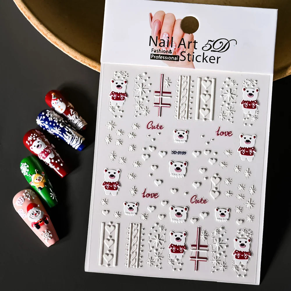 Cute Deer Christmas Nail Stickers 5D Embossed Elk Star Gingerbread Man Snowflake Santa Claus Holly DIY Winter Engraved Manicure* (ONLINE ORDER ONLY)