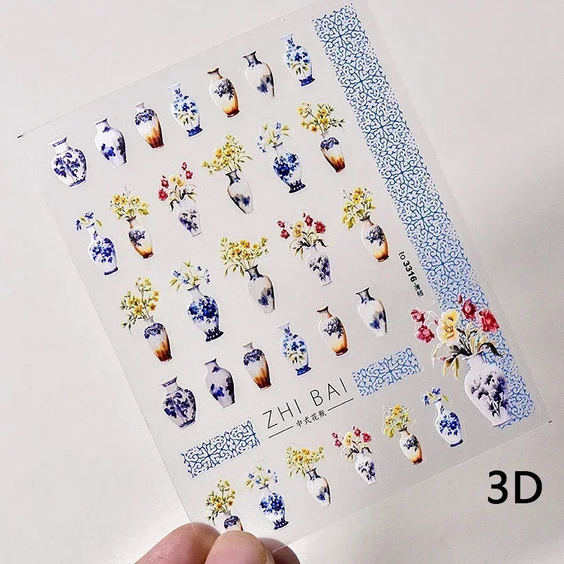 Red Plum Blossom Flower Chinese 3D Self Adhesive Nail Art Decoration Stickers Cheongsam Iris Lily Lotus Vase 5D Manicure Decals (ONLINE ORDER ONLY)