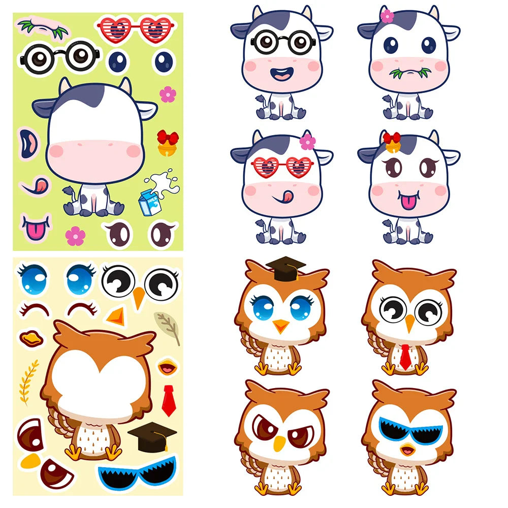 6/12Sheets Animal Make A Face Puzzle Stickers Kids Lion Owl Panda Make Your Own DIY Game Children Cartoon Jigsaw Education Toys (ONLINE ORDER ONLY)