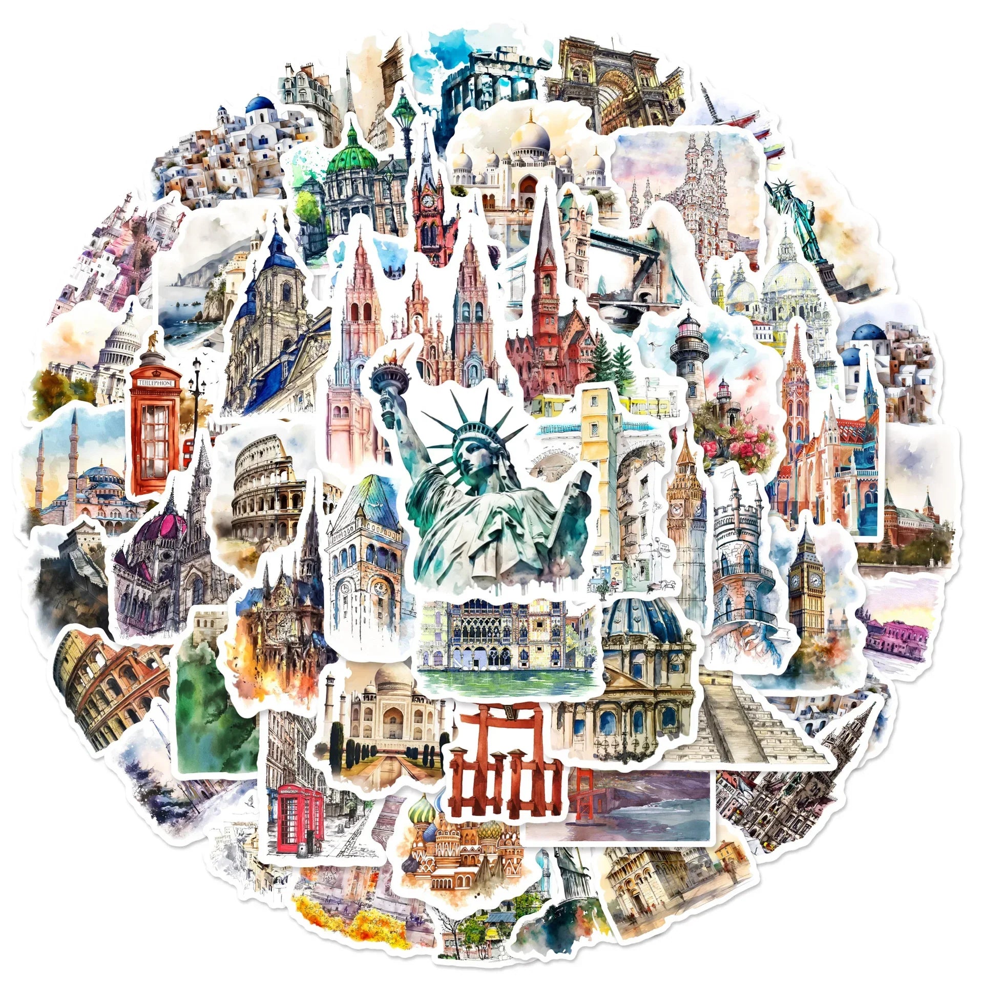 10/50pcs World Famous Building Stickers Vintage Travel Landmark Decals DIY Notebook Bike Phone Luggage Car Sticker Toy (Online Order Only)