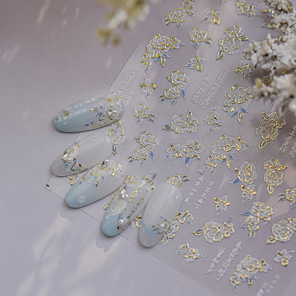 Camellia Tea After Rain Fragrant Flower Paint in Gold White Antique Chinese Characters Adhesive Nail Art Stickers Manicure Decal (ONLINE ORDER ONLY)