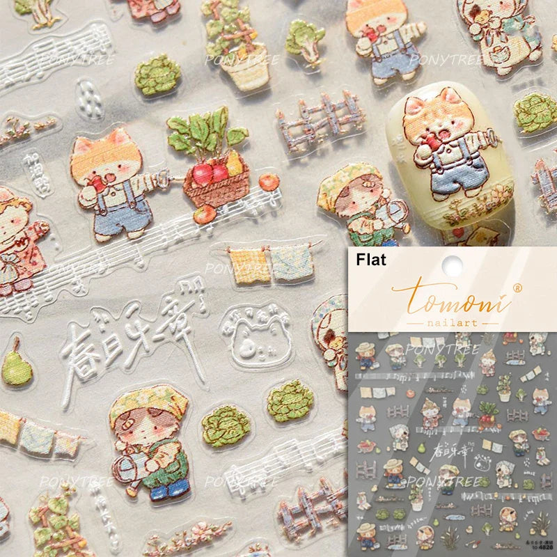 Picnic Cat Kitten Bowknot Flower Fish Butterfly Tree Mushroom Star Moon Cat's Paw Adhesive Nail Art Sticker Cute Manicure Decals (Online Order Only)