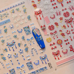 Embroidery Yunjin Brocade Tassels Bowknot Butterfly Flower Rose Camellia Adhesive Nail Art Stickers Rhinestone Manicure Decals (Online Order Only)