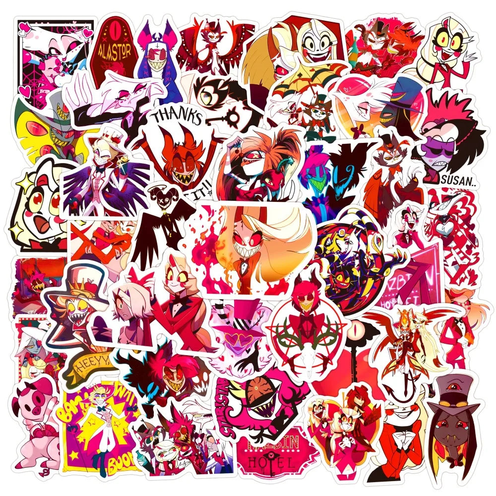 50pcs Cartoon Hell Inn Graffiti Stickers for Helmets, Walls, DIY Decoration Wholesale (ONLINE ORDER ONLY)