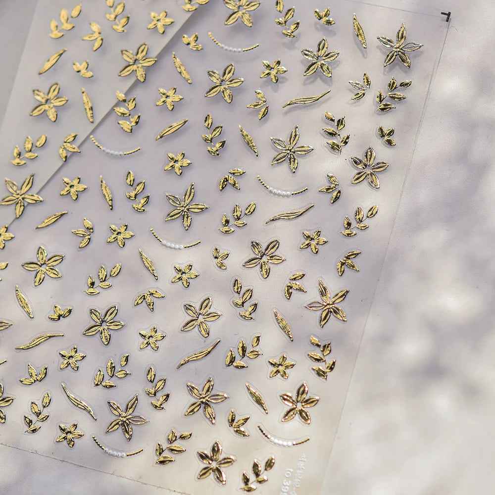 Gold Hot Stamping Flowers Leaves 3D 5D Pearl Bead Delicate Self Adhesive Nail Art Decorations Stickers Manicure Decals Wholesale (Online Order Only)