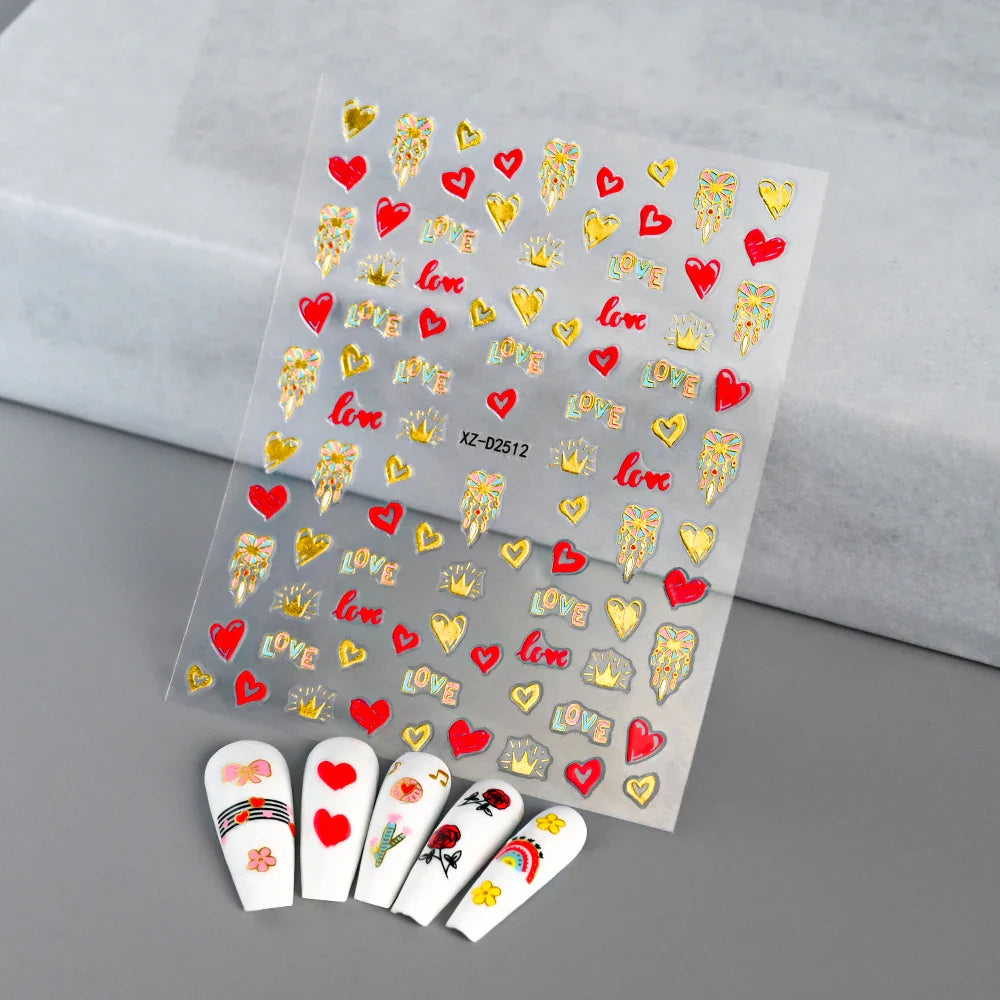 1PC Holographic Laser Heart Nail Stickers-3D Self-Adhesive Golden White Valentines Day Nail Decals For Women Nail Art Decoration (ONLINE ORDER ONLY)