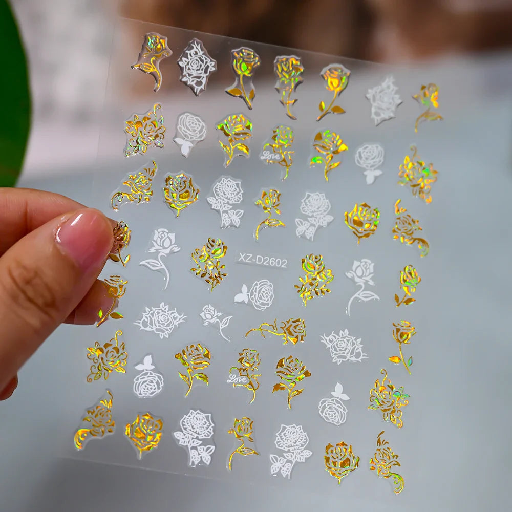 1PC Holographic Laser Heart Nail Stickers-3D Self-Adhesive Golden White Valentines Day Nail Decals For Women Nail Art Decoration (ONLINE ORDER ONLY)