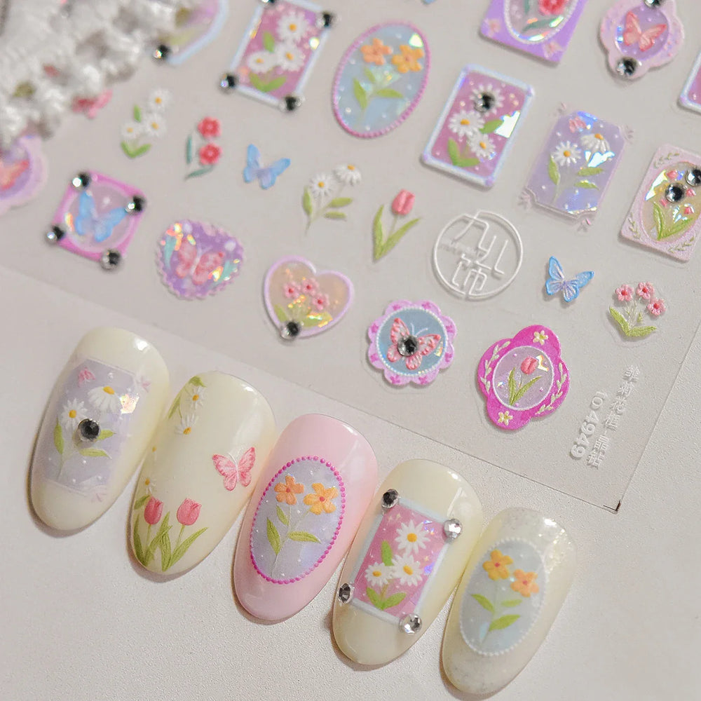 Retro Tulip Flowers Daisy Photo Frame Geometric Border Bowknot Butterfly Soft Relief Adhesive Nail Art Stickers Manicure Decals (ONLINE ORDER ONLY)