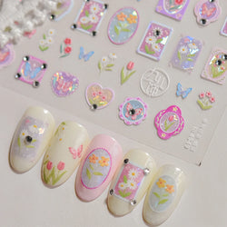 Retro Tulip Flowers Daisy Photo Frame Geometric Border Bowknot Butterfly Soft Relief Adhesive Nail Art Stickers Manicure Decals (ONLINE ORDER ONLY)