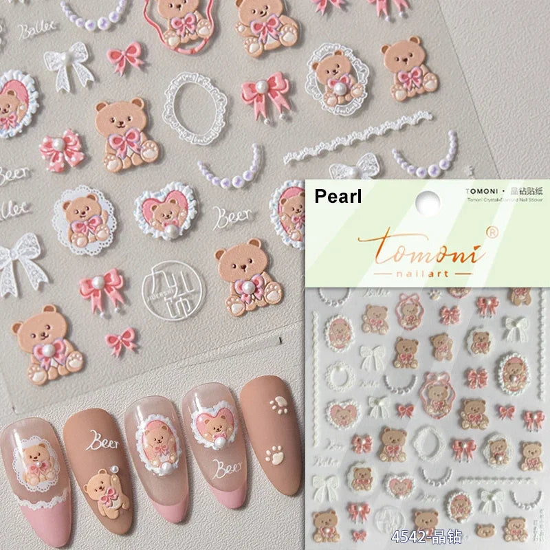 Retro Love Heart White Lace flower Bowknot Tie Pink Bear Flower Strawberry Adhesive Nail Art Stickers Rhinestone Manicure Decals (ONLINE ORDER ONLY)