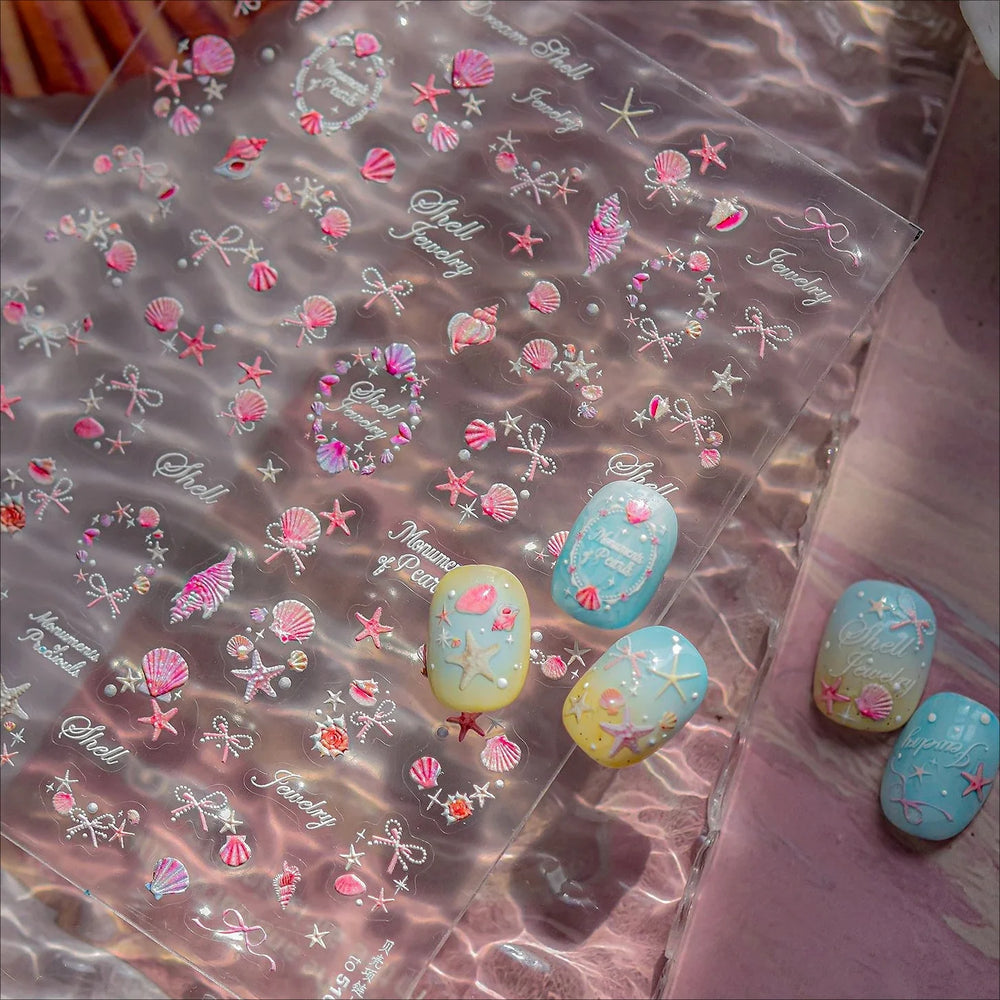 Pink Shell Necklace Starfish Swarm Star Conch Bowknot Dreamy Marine Relief Adhesive Nail Art Decoration Stickers Manicure Decals (ONLINE ORDER ONLY)