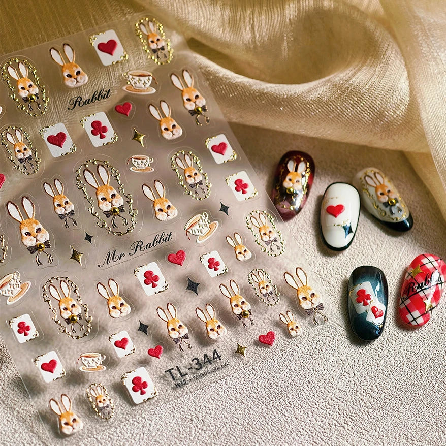 Poker Cards Mr Rabbit Tilted Teacup Bunny Cup Heart Star Block Bow Tie Hot Stamping Adhesive Nail Art Stickers Manicure Decals (ONLINE ORDER ONLY)