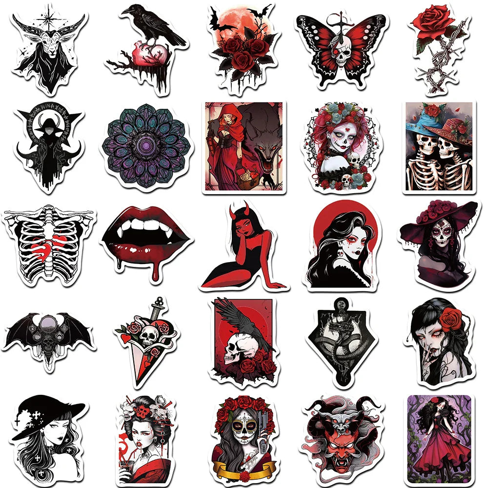 10/30/50pcs Art Red Cyberpunk Stickers Gothic Horror Graffiti Decal Skateboard Bike Laptop Scrapbooking Cool Cartoon Sticker Toy (ONLINE ORDER ONLY)