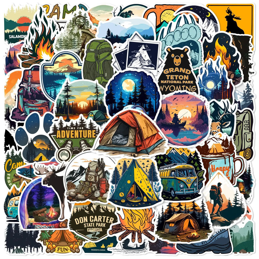 50pcs Forest Camping Hiking Outdoor Stickers Travel Scenery Decals Suitcase Luggage Bike Car Waterproof Graffiti Sticker Toys (Online Order Only)