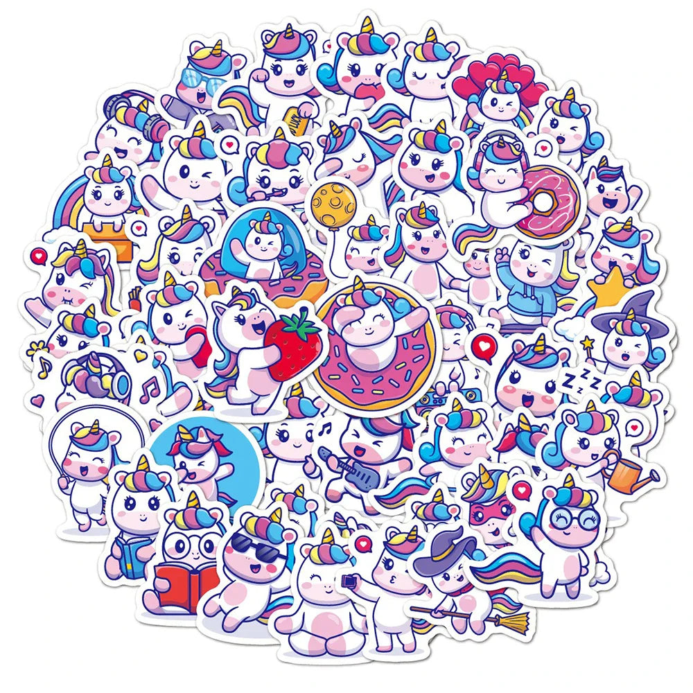 10/30/50PCS Funny Cartoon Unicorn Sticker Decals Gift DIY Phone Scrapbook Suitcase Helmet Car Classic Toys Waterproof Stickers (ONLINE ORDER ONLY)