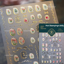 Hot Stamping Jelly All Tulips Garden Flower Bowknot Wave Lace Line Golden and Radiant Adhesive Nail Art Stickers Manicure Decals (ONLINE ORDER ONLY)