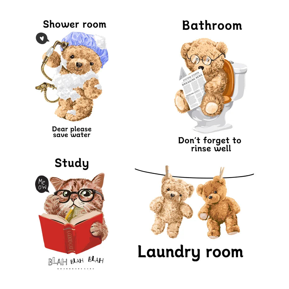 Bear Wall Stickers for Laundry and Bathroom - Cartoon Animal Vinyl Wallpaper (ONLINE ORDER ONLY)