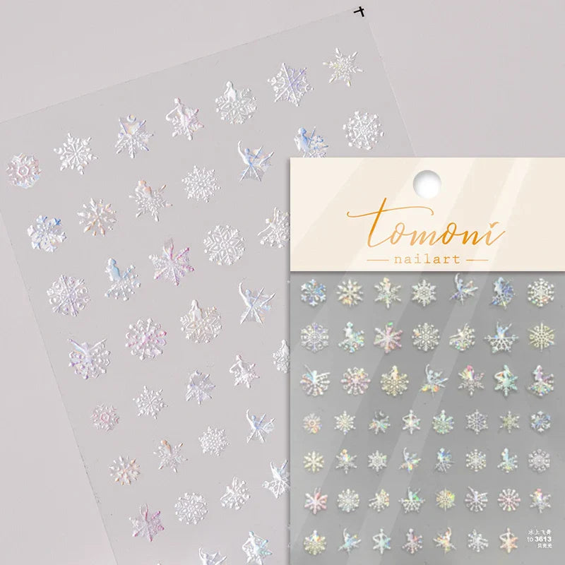 Hot Stamping Romantic White Gold Snowflakes Hexagon Winter 3D Self Adhesive Nail Art Stickers Shiny Rhinestone Manicure Decals (Online Order Only)