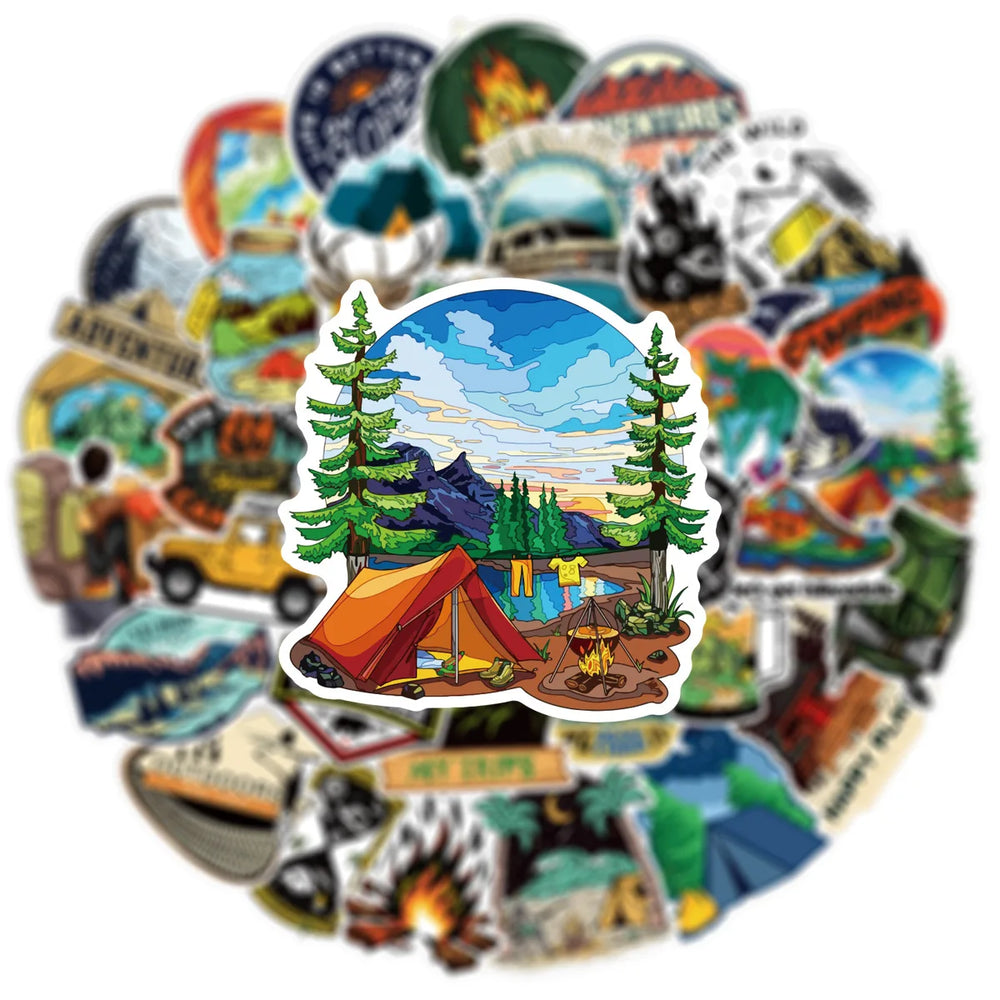 50pcs Forest Camping Hiking Outdoor Stickers Travel Scenery Decals Suitcase Luggage Scrapbook Waterproof Graffiti Sticker Toys (ONLINE ORDER ONLY)