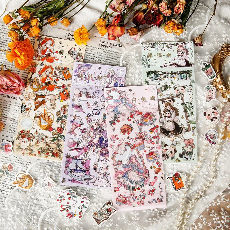 2 Sheets Cute Lolita Girl Decoration Sticker Aesthetics Hand Account DIY Collage Material Kawaii Stationery Scrapbooking Sticker (Online Order Only)