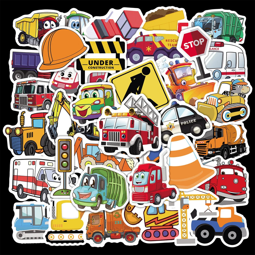 50pcs Cartoon Construction Car Stickers for Helmet, Wall, DIY Decoration (ONLINE ORDER ONLY)