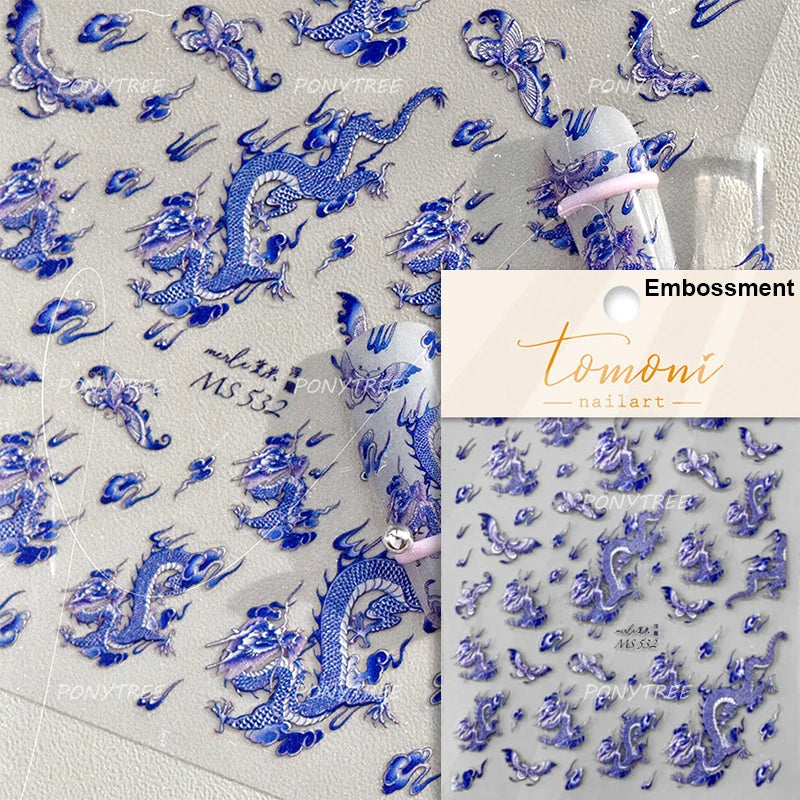 Chinese Dragon Auspicious Beast Mythological Legend Noble Loong Blue Pink Soft Relief Adhesive Nail Art Sticker Manicure Decals (ONLINE ORDER ONLY)