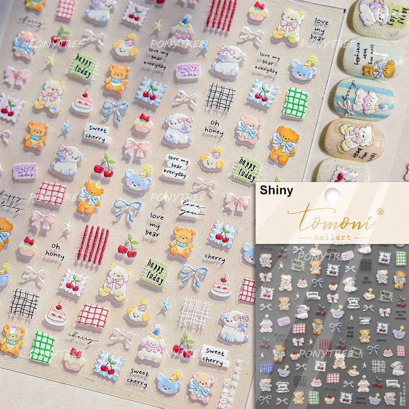 Cute Animals Bear Dog Cake Sweet Cherry Grid Bowknot Star Line Fruit Relief Self Adhesive Nail Art Stickers 3D Manicure Decals (ONLINE ORDER ONLY)