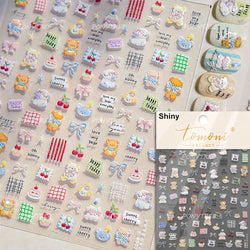 Cute Animals Bear Dog Cake Sweet Cherry Grid Bowknot Star Line Fruit Relief Self Adhesive Nail Art Stickers 3D Manicure Decals (ONLINE ORDER ONLY)