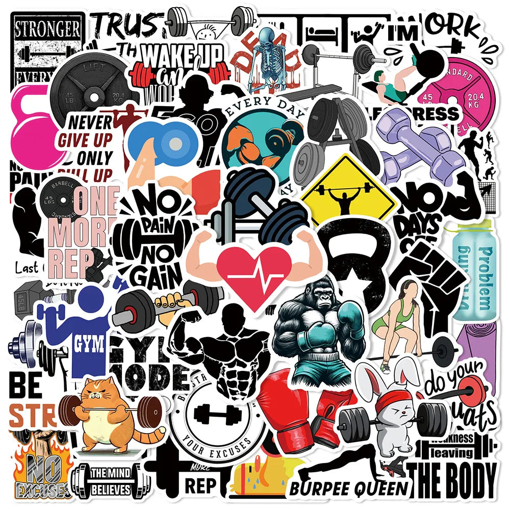 Cartoon Fitness Graffiti Stickers for Skateboard, Laptop, Phone, Luggage, Kids Toys (10/30/50pcs) (Online Order Only)