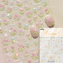 Dreamy White Lace Bowknot Purple Pink Gradual Tulip Flower Butterfly Garden Relief Adhesive Nail Art Stickers Manicure Decals (Online Order Only)