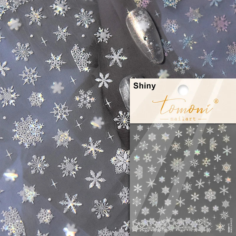 Winter Dreamy Hot Stamping Romantic White Pink Snowflakes Hexagon 3D Self Adhesive Nail Art Stickers Christmas Manicure Decals (ONLINE ORDER ONLY)