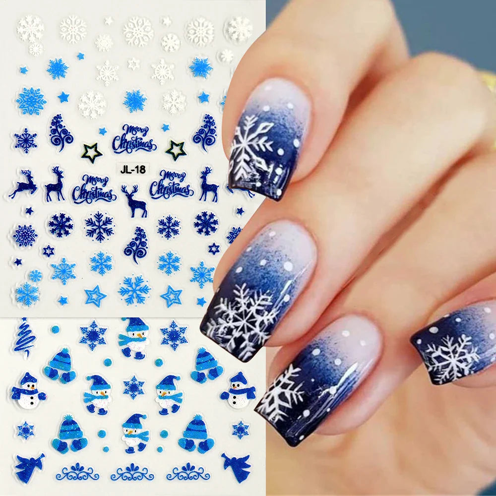 30Sheet 3D Glitter Christmas Nail Art Stickers Santa Claus Snowflake Elk Christmas Tree Design Nail Decals Cartoon Nail Supplies (Online Order Only)