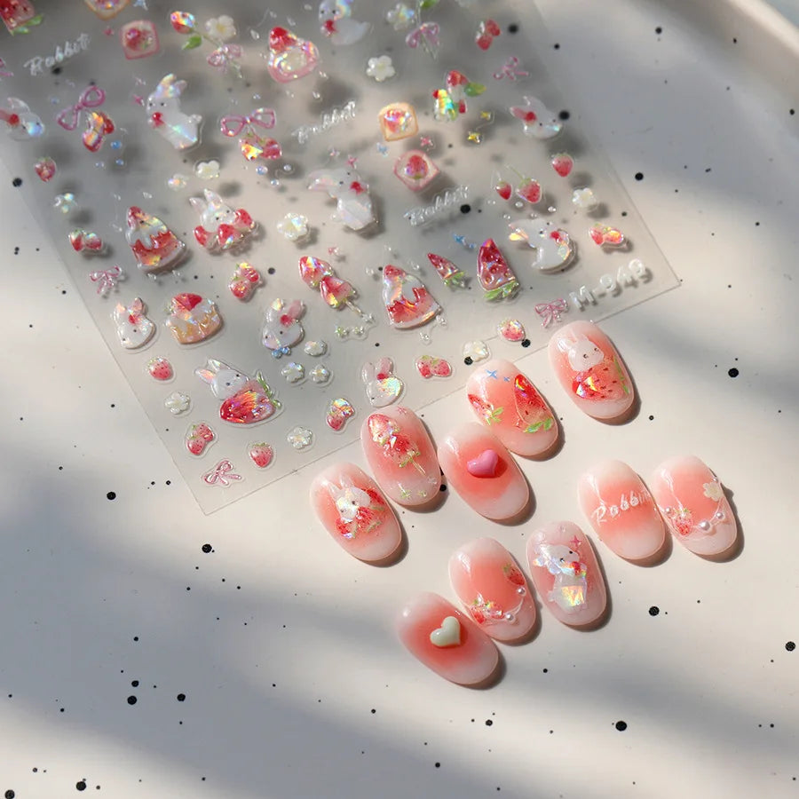 Cute White Rabbit Bunny Strawberry Flower Pudding Star Bowknot Fruit Delicate Adhesive Nail Art Sticker Charming Manicure Decal (Online Order Only)