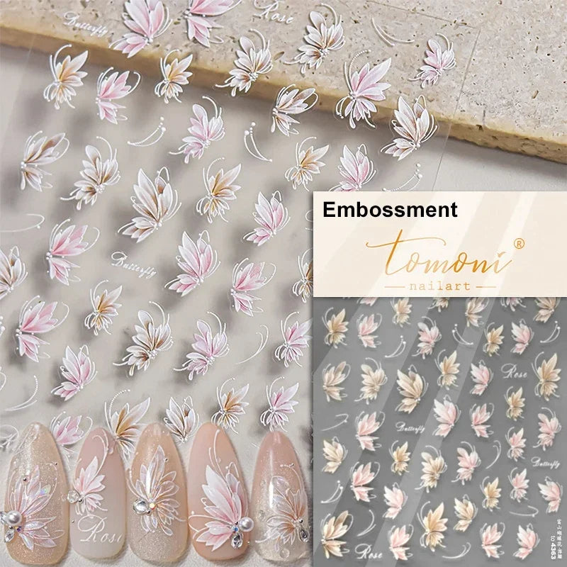 Charming Beautiful Black White Small Butterfly Flower Petal Love Heart Bowknot 5D Self Adhesive Nail Art Sticker Manicure Decals (Online Order Only)
