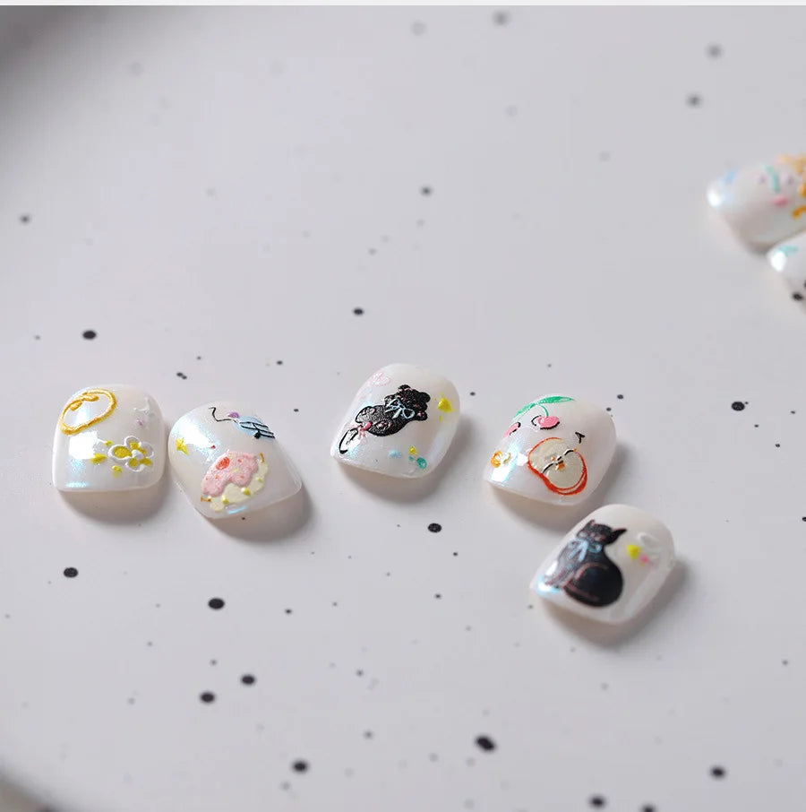 Cat Kitten Mewing Flower Star Bowknot Sweet Cherry Cake Food Line Sun Apple Heart Self Adhesive Nail Art Stickers Manicure Decal (Online Order Only)