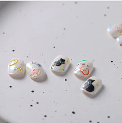 Cat Kitten Mewing Flower Star Bowknot Sweet Cherry Cake Food Line Sun Apple Heart Self Adhesive Nail Art Stickers Manicure Decal (Online Order Only)