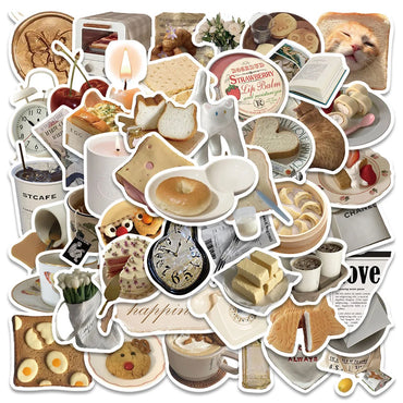 10/30/60pcs Retro Cartoon Ins Style Cute Stickers Vintage Funny Food Decals Phone Suitcase Laptop Notebook Car Wall Sticker Toy (ONLINE ORDER ONLY)