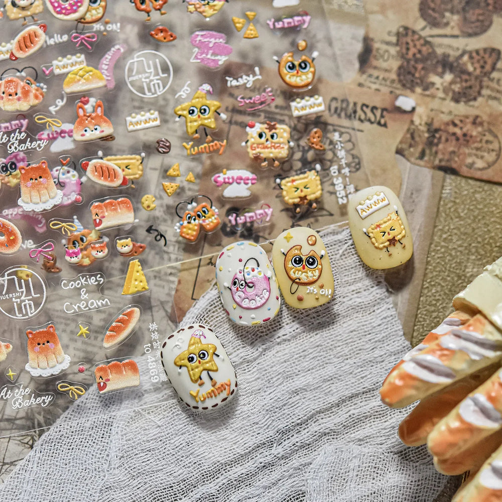 Cute Baking Cookies Bread Bread Cheese Pudding Chocolate Croissant Doughnut Adhesive Nail Art Decoration Sticker Manicure Decals (ONLINE ORDER ONLY)