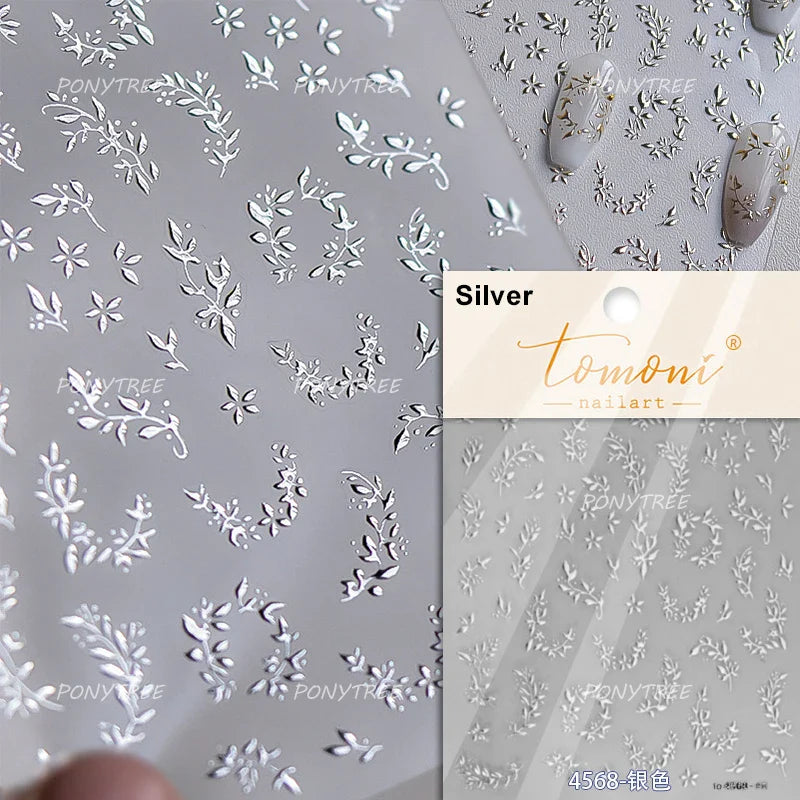 Gold Hot Stamping Flowers Leaves 3D 5D Pearl Bead Delicate Self Adhesive Nail Art Decorations Stickers Manicure Decals Wholesale (Online Order Only)