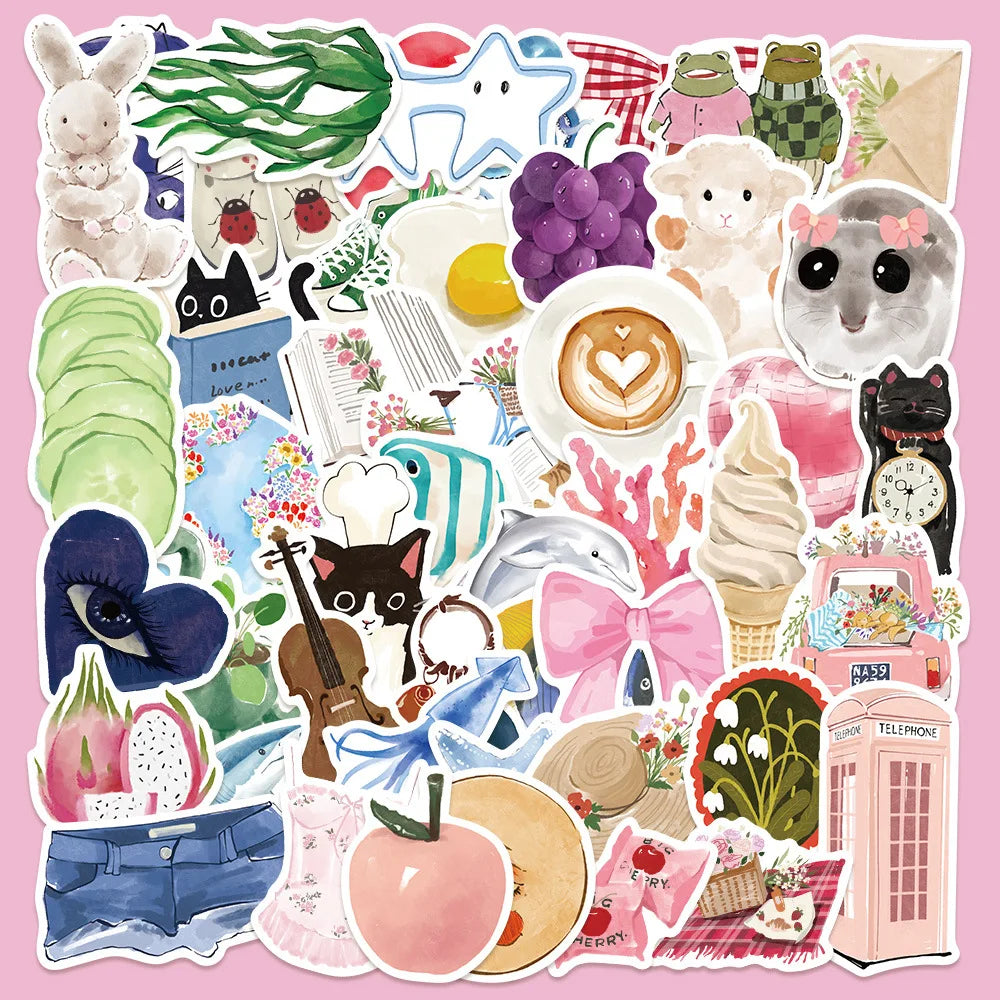 50Pcs Cartoon Art Watercolor Oil Painting Stickers for Helmet Wall DIY Decor (ONLINE ORDER ONLY)